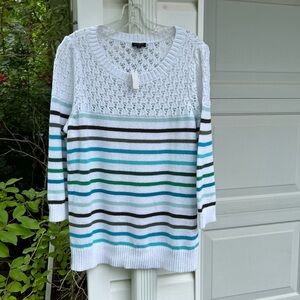 NWT Talbots Pretty White Open Weave Green Blue Stripe 3/4 Sleeve Sweater